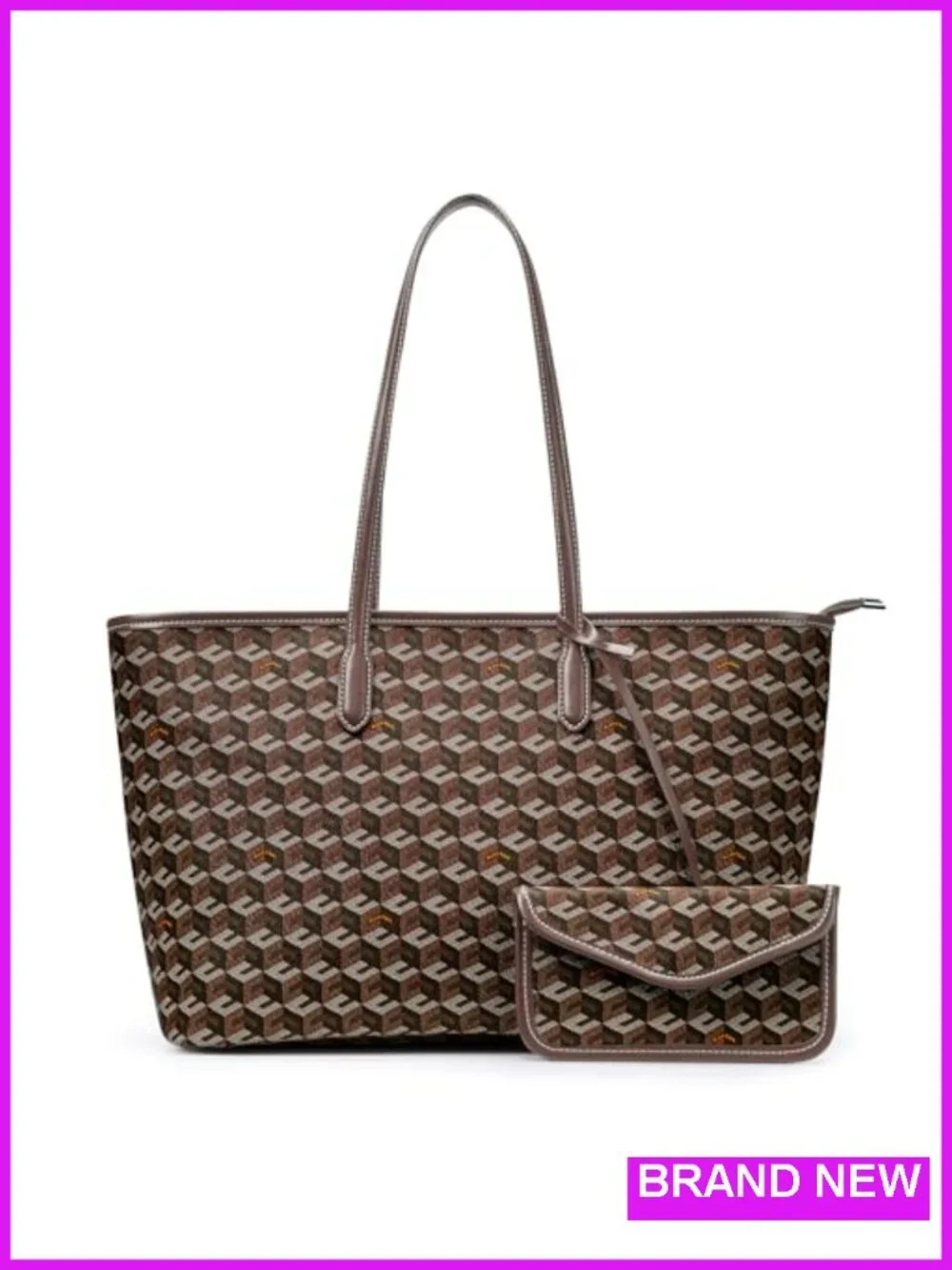 Large PU Leather Cube Tote Bag with Monogram Print, Top Handle, Weekender
